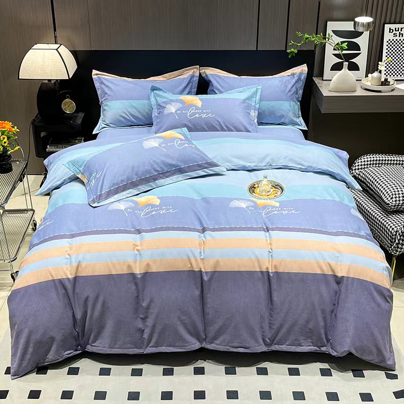 All cotton lint four piece bedding set - Stripe blue