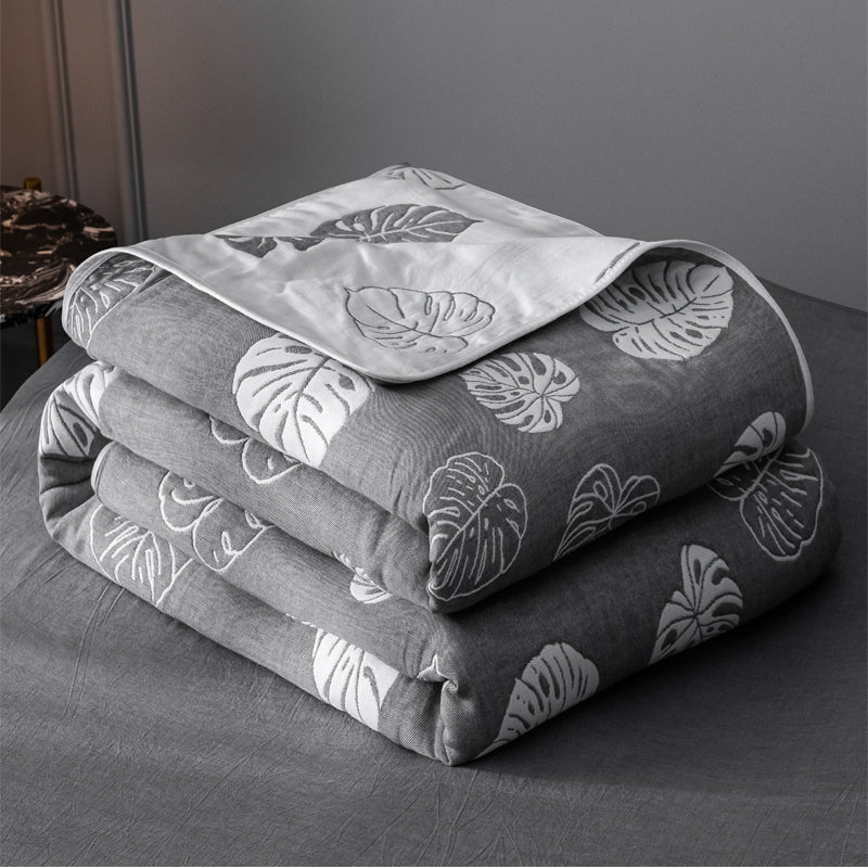 Six-layer gauze all-cotton towel blanket-Gray leaves