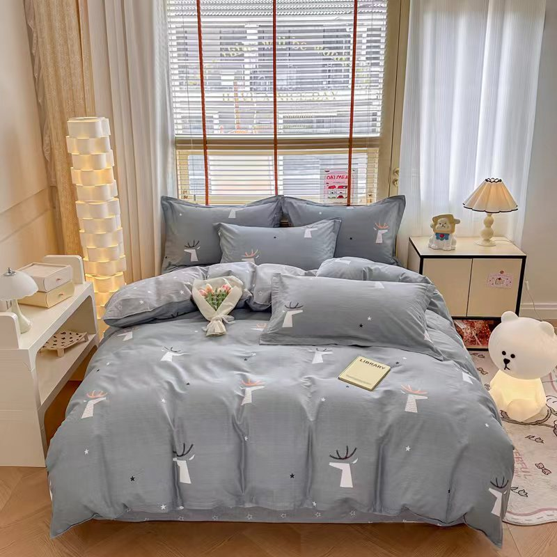 Cotton printing four piece bedding set - Gray deer