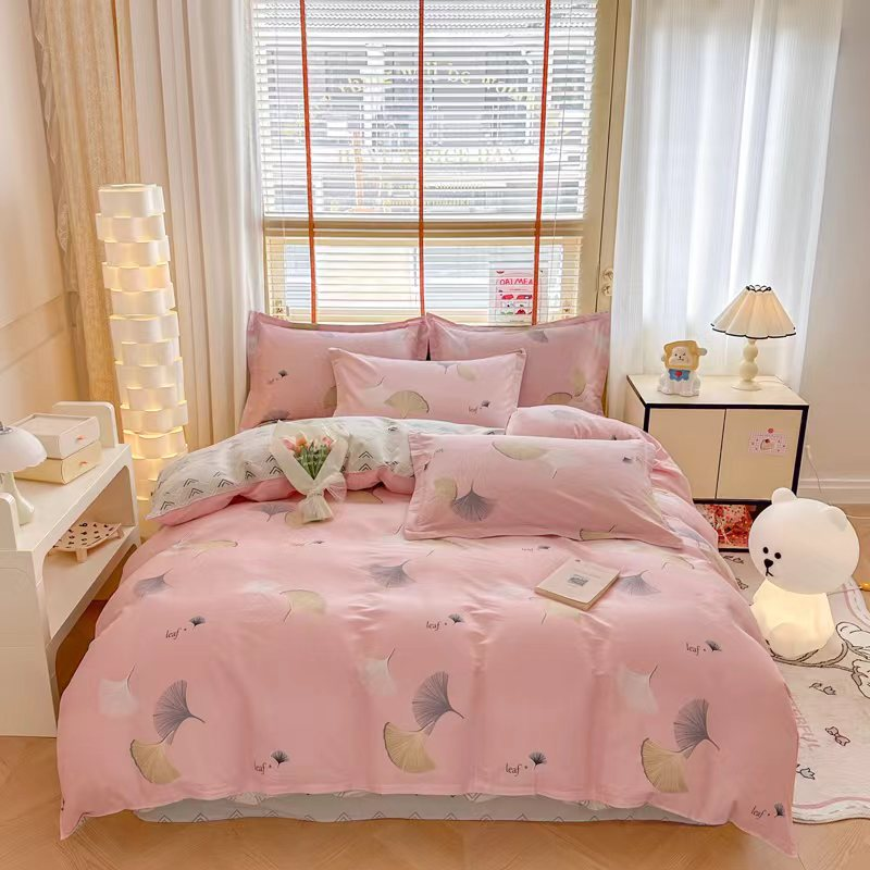 Cotton printing four piece comforter set-Pink ginkgo