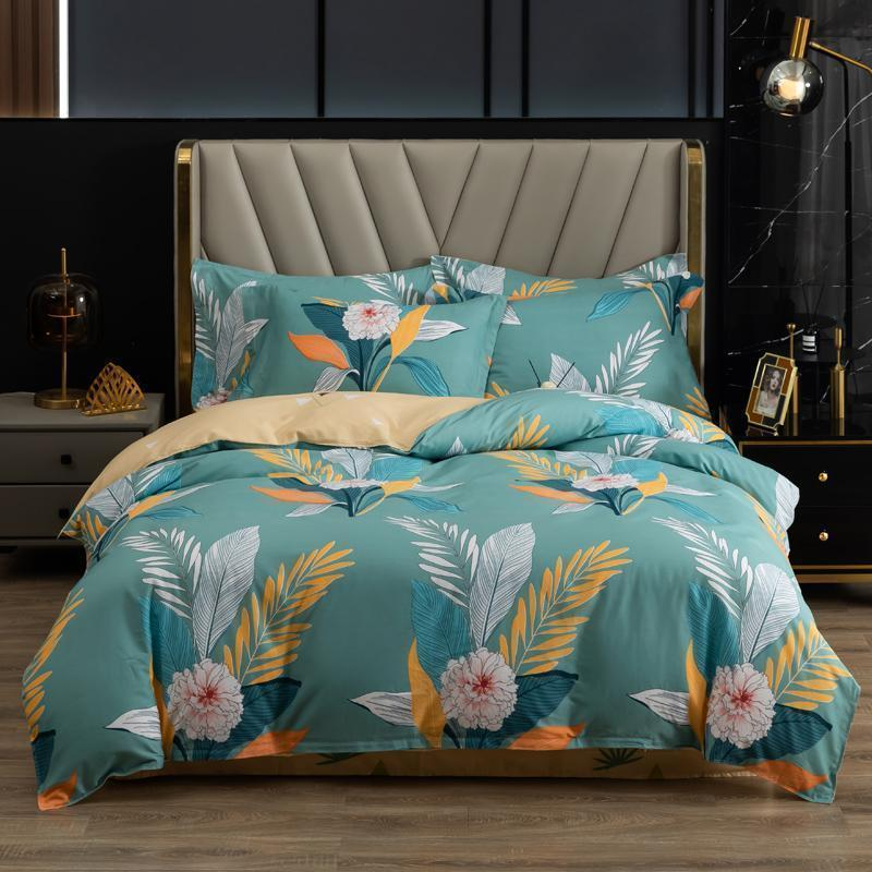 Cotton printing four Four piece bedding set - Blue green hibiscus